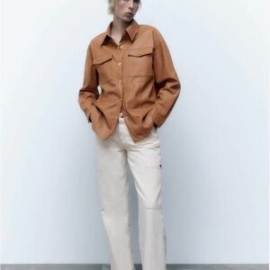 Zara Tan Button leather-look Down Shirt
